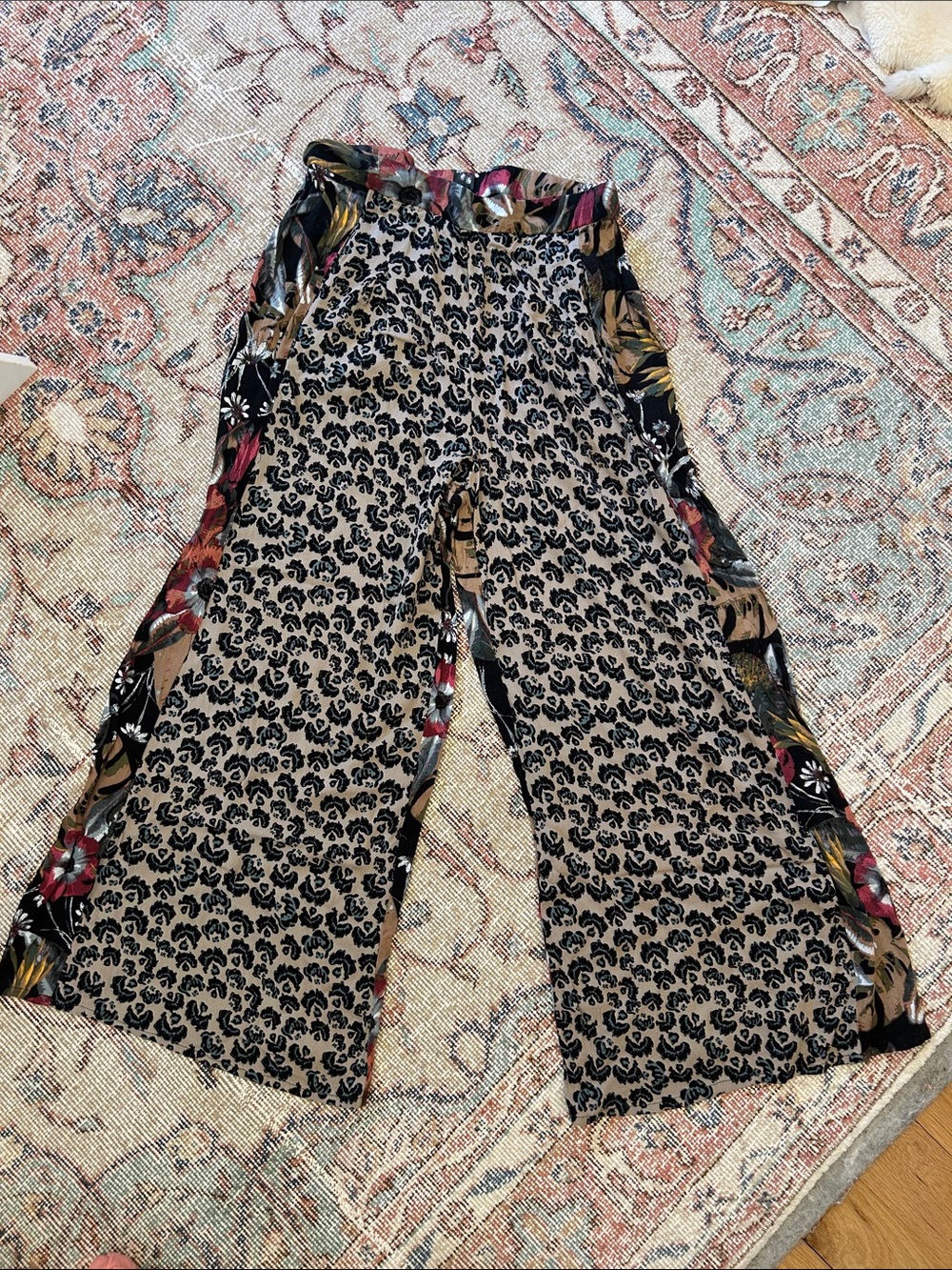Free People Cream and Black Floral Wide-Leg Pants elastic back waist